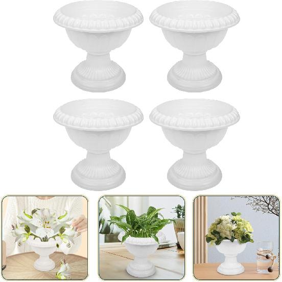 Yardwe 4pcs White Urn Planter Plastic Pedestal Flower Vases Plant Pot Grecian Plants Pot Roman Flower Pot for Yard Garden Porch Front Door