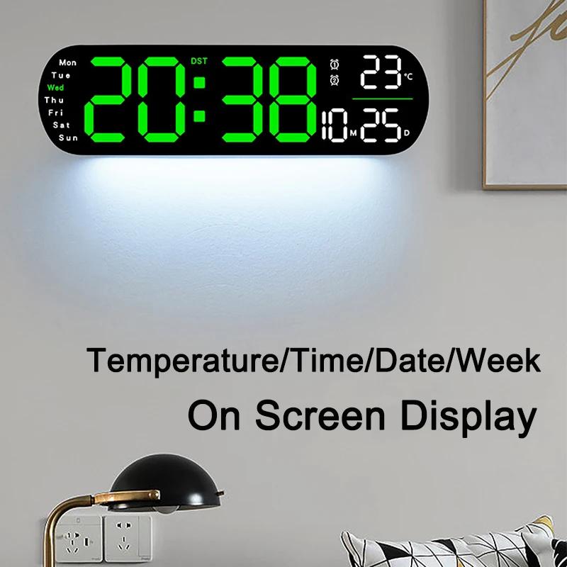 Digital Wall Clock Large LED Screen Temperature Humidity Display Electronic Alarm Clock Creative Home Decoration Remote Control