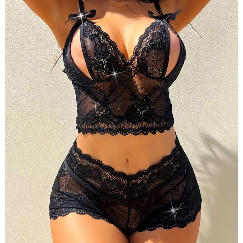 Women's Lace New Blue Sexy Crotchless Deep V Open Bra Set Transparent Temptation Sling Bow Lingerie And Shorts Erotic Costumes