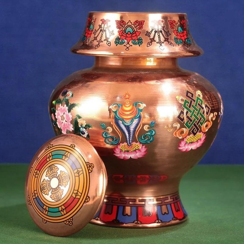 Тибетская Бутылка, Изделие Ручной Работы из Красной Меди, Благоприятная Тантрическая Бутылка для Хранения Специй, Религиозные Настольные Алтари Буддизма, Декоративная, 17 см