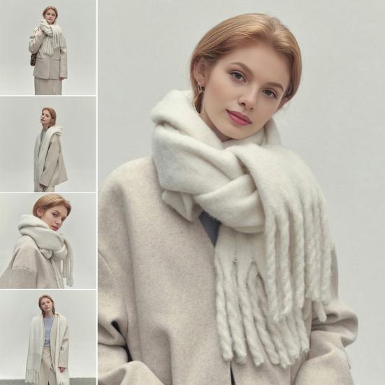 Women Scarf Solid Color Thickened Knitting Scarf with Tassel Decoration Versatile Design Warm Winter Scarf