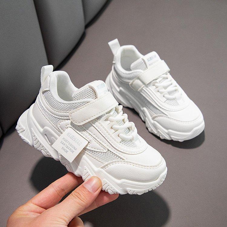 Модные детские кроссовки из искусственной кожи для девочек, повседневные сетчатые, однотонные, розовые, легкие, для мальчиков, с липучкой, детские, нескользящие, простые, спортивные туфли