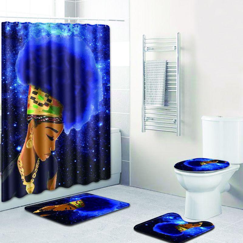 African Woman Digital Printing Creative Shower Curtain Floor Mat Set Bathroom Carpet
