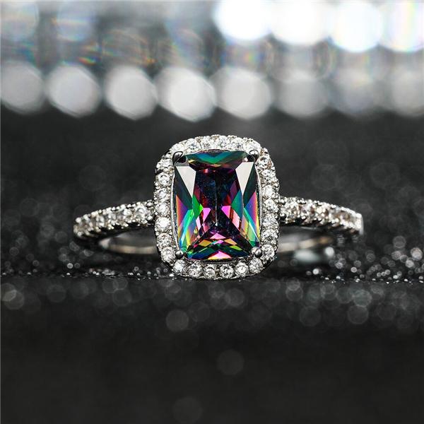 Fashion Mystic Rainbow Pink/Green Square Shaped Crystal Rings Silver Color Wedding Jewelry Female