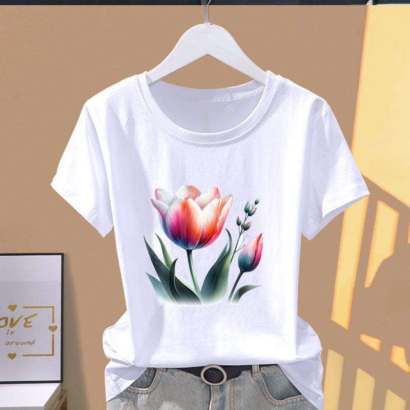 (Asian Size) Graphic Tee Casual T Clothing Sweet Flower Floral Trend Cute Print Female Casual Women's Top Fashion Short Sleeve T-shirt