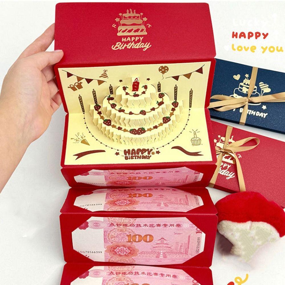Creative Folding 3 D Birthday Red Envelope Pop-Up Best Wishes Lucky Money Envelope Traditional Red Pocket Birthday Party