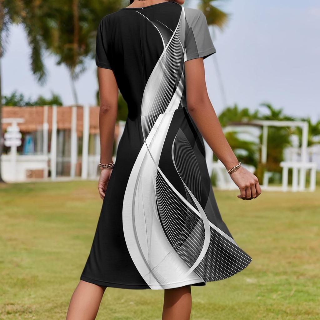 Женское летнее повседневное платье с принтом, V-образным вырезом, короткими рукавами и карманами