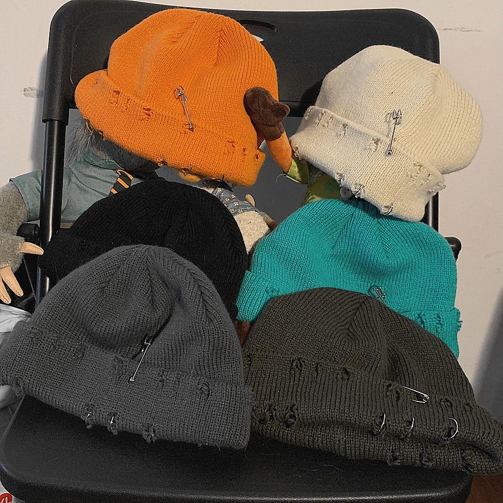 Casual Distressed Hole Female O-Ring Winter With Pins Knitted Hat Beanie Hat Warm Cap Solid Color