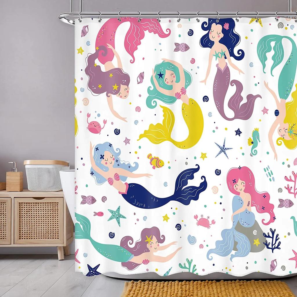 Mermaid Kids Shower Curtain Colourful Cartoon Sea Creatures Starfish Cute Girls Bathroom Decor Polyester Fabric Hanging Curtains