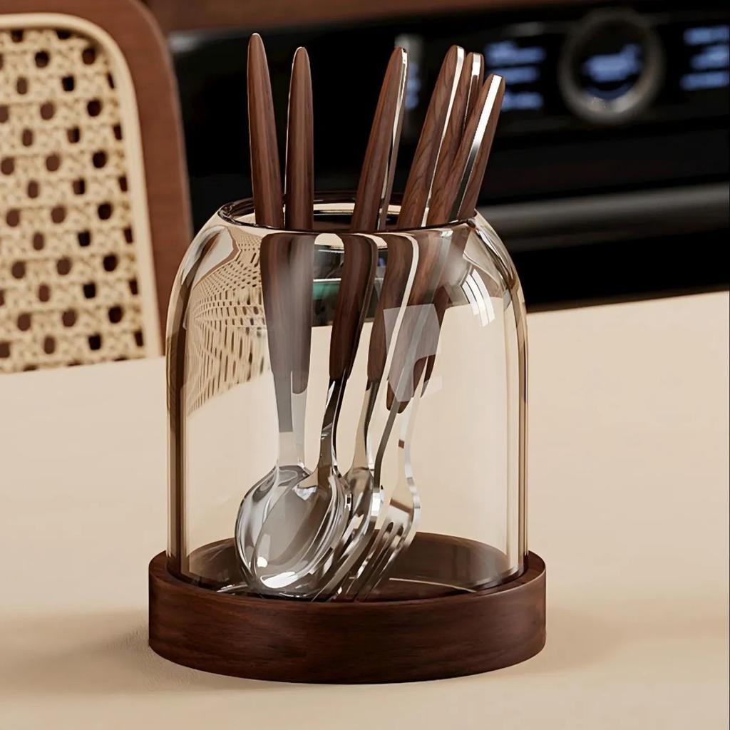 Retro Fruit Fork & Coffee Spoon Set, 304 Stainless Steel Cutlery with Glass Jar & Wooden Base for Dessert & Table Decor