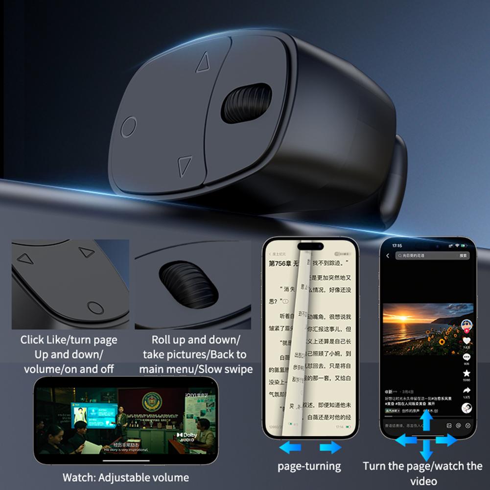 Fingertip Remote Control Bluetooth Scrolling Ring with Phone Stand Wireless Camera Shutter Selfie Button Digital Page Turner