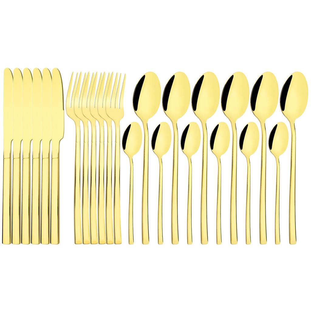 Western 24Pcs Black Gold Dinnerware Set Luxury Knives Fork Tea Spoon Cutlery Set Stainless Steel Flatware Tableware Kitchen Silverware