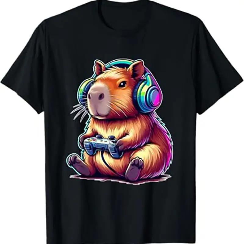 Capybara Gamer T Shirt Cute Animal Gaming Graphic Tee Breathable Cotton Crew Neck TShirt