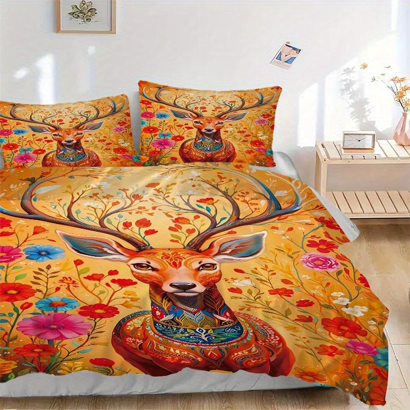 3pcs Animal-themed Deer Flowers Soft and Comfortable Breathability, Bedding Set, Machine Washable, Suitable for All Seasons145