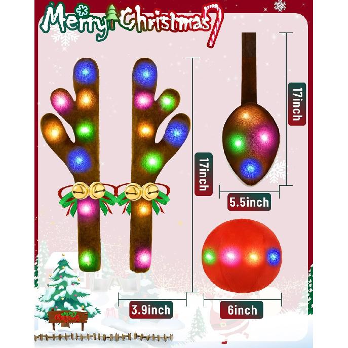 Christmas Reindeer Antlers Car Decoration Kit, LED Lights Nose Vehicle With Jingle Bells Rudolph, Auto Holiday Accessories For SUV Van Truck Decor