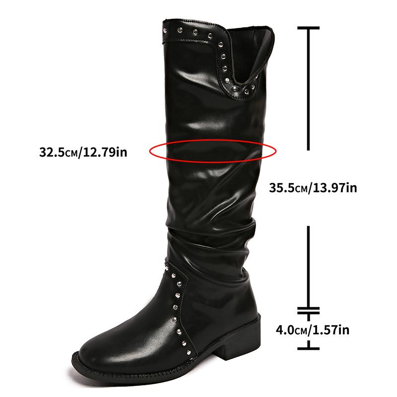 Fashion Rivet Decor Slouchy Knee High Boots for Women Fashion Black Chunky Heel Long Boots Woman Autumn PU Leather Riding Botas De Mujer