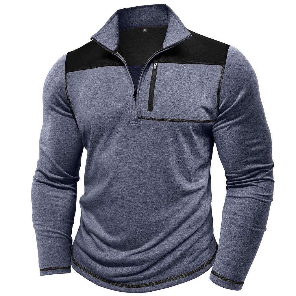 Мужские топы с воротником-стойкой, длинными рукавами, футболки контрастных цветов, свитшоты с застежкой-молнией и нагрудным карманом, повседневная спортивная одежда на осень и весну