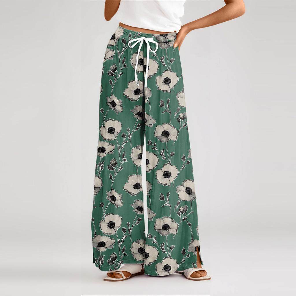 Women's Loose Casual Floral Print Wide Leg Pants With Elastic Waist Drawstring And Pocket Pants