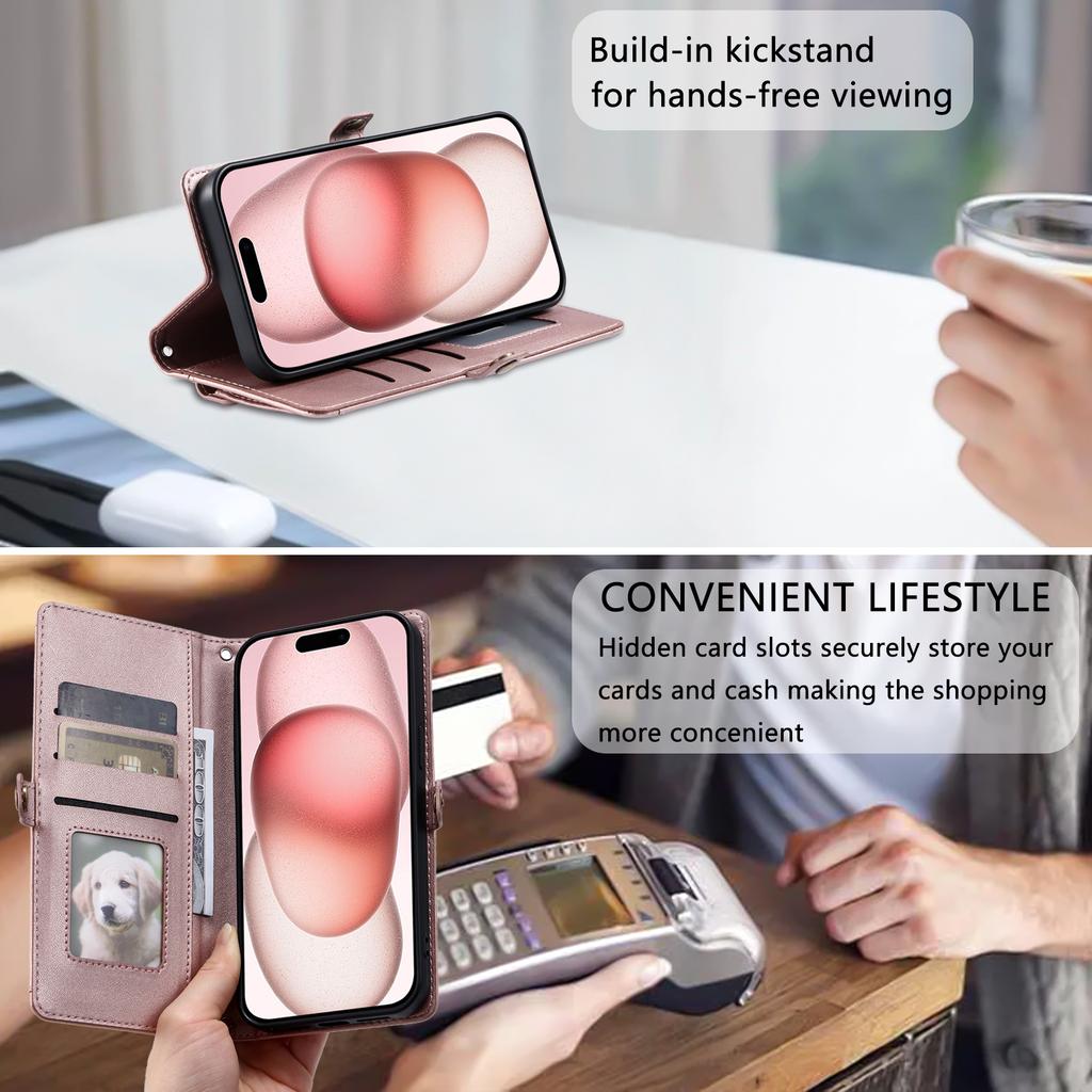 For iPhone 17 Leather Case with Wrist Strap Wallet Stand Phone Cover