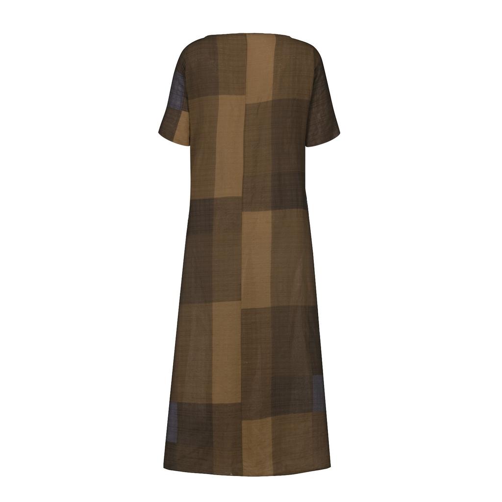 Женское повседневное платье с принтом, юбка с круглым вырезом, платье с короткими рукавами, клетчатое платье для отдыха, повседневное свободное платье