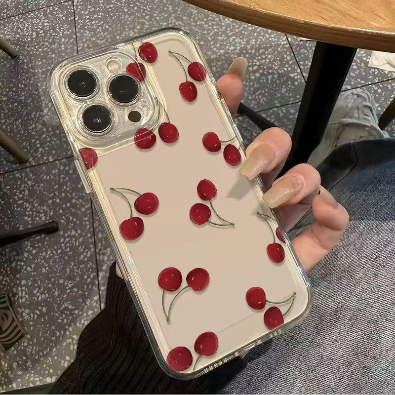 Niche Full Screen Cherry Suitable for IPhone16promax Mobile Phone Case Simple Thickened Transparent Apple 15 Anti Fall 14
