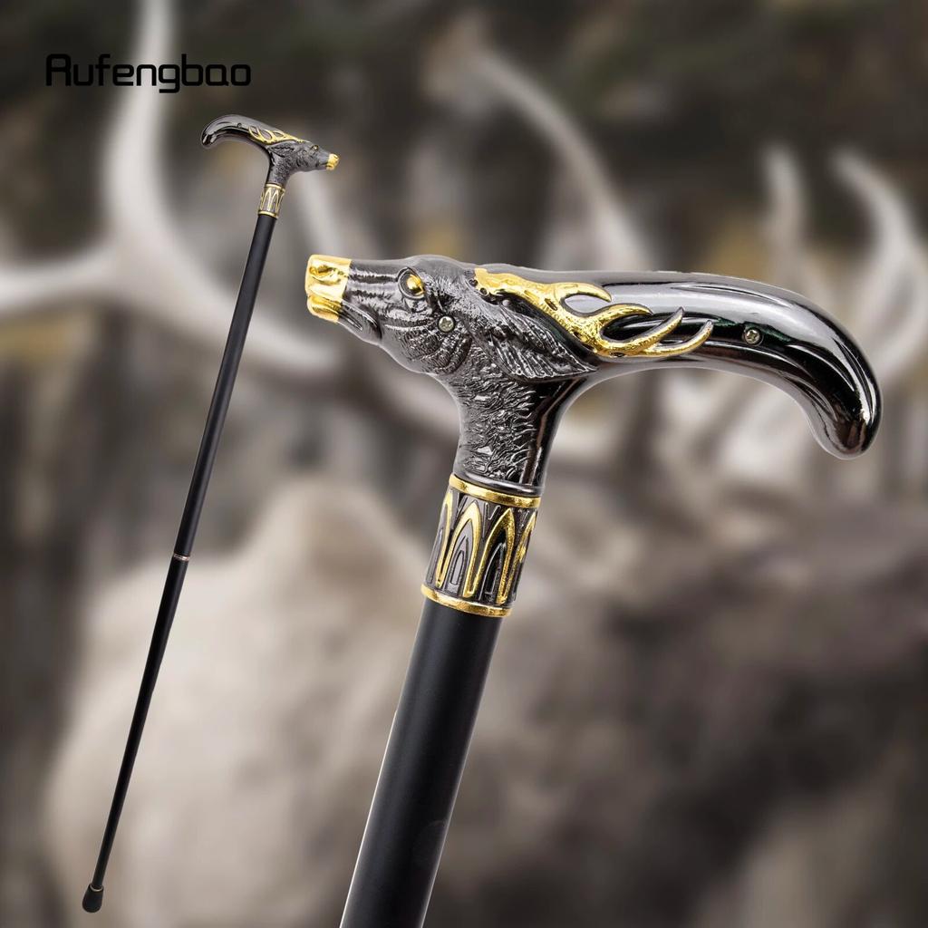 Golden Black Sika Deer Head Walking Cane Fashion Decorative Walking Stick Gentleman Elegant Cosplay Cane Knob Crosier 93cm