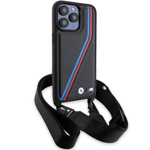 BMW Чехол для iPhone 15 Pro 6.1 Black/Black Hardcase M Edition Carbon Tricolor Lines & Strap (черный/черный)