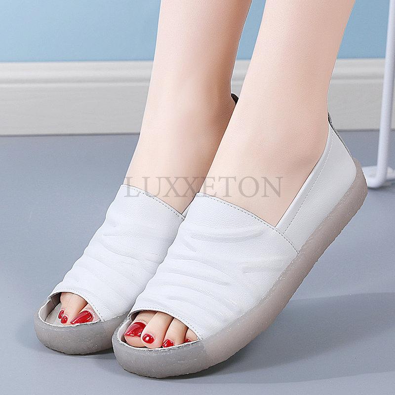 Модные летние повседневные однотонные женские босоножки из натуральной кожи с неглубокой подошвой, дышащие, удобные, на мягкой подошве, на среднем каблуке