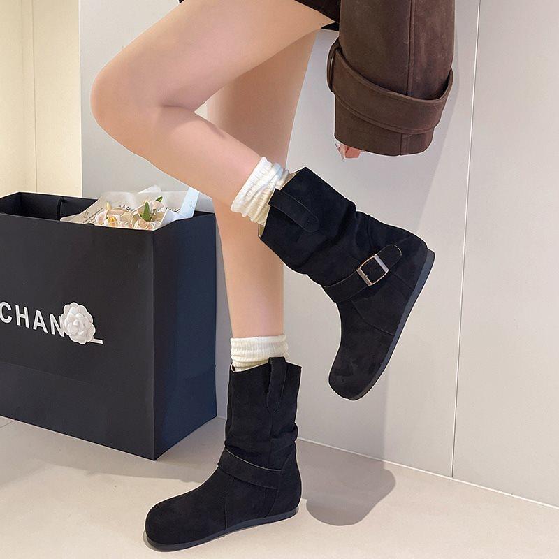 Новая ретро-красота 2025 тонкий ворс внутренняя высота ботильоны женские осенние плиссированные ремешок с пряжкой рад коричневые короткие ботинки
