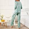 Женский милый пижамный комплект с зеленым принтом кошки, топ с длинным рукавом и брюки, одежда для сна, одежда для дома, комплект из 2 предметов, мягкая удобная пижама