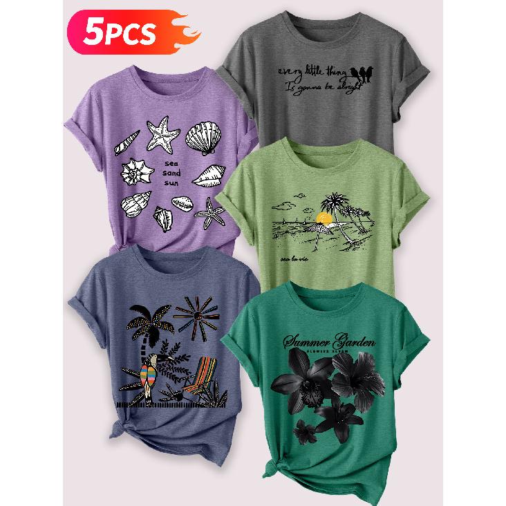 Follow a specific direction Five-piece set of women's short-sleeve tops Summer Beach Theme Retro Print Elegant Summer Party Outfits Elegant short