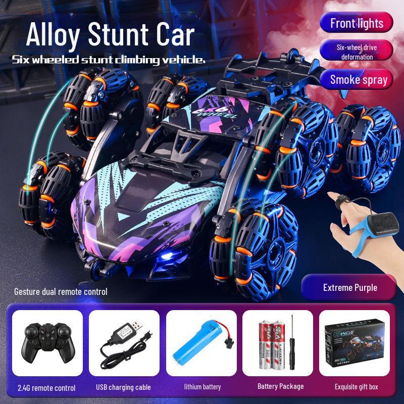 Six-Wheel Alloy Remote Control Off-Road Stunt Car with Gesture Sensing and Spray for Kids