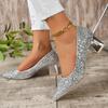 Glitter crystal shoes sequined high heels women's 2024 new pointed plus size socialite silver pregnant woman bride wedding shoes