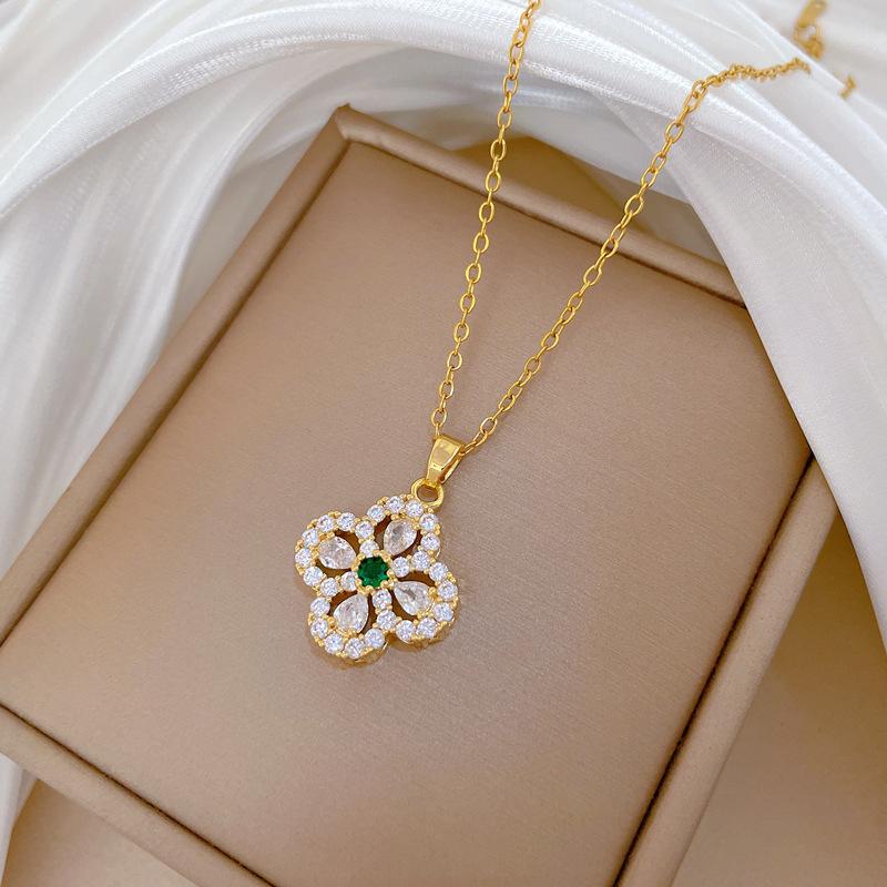 Titanium Steel, Zircon Lucky Grass Light Luxury Temperament Gorgeous Full Diamond Necklace Female Versatile Collarbone Chain Titanium Steel Chain