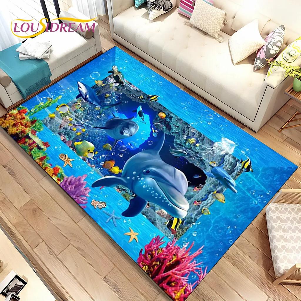 3D иллюзия морского дна, подводный мир, коврик с дельфином и акулой, коврик для гостиной, спальни, дивана, коврик, нескользящий напольный коврик