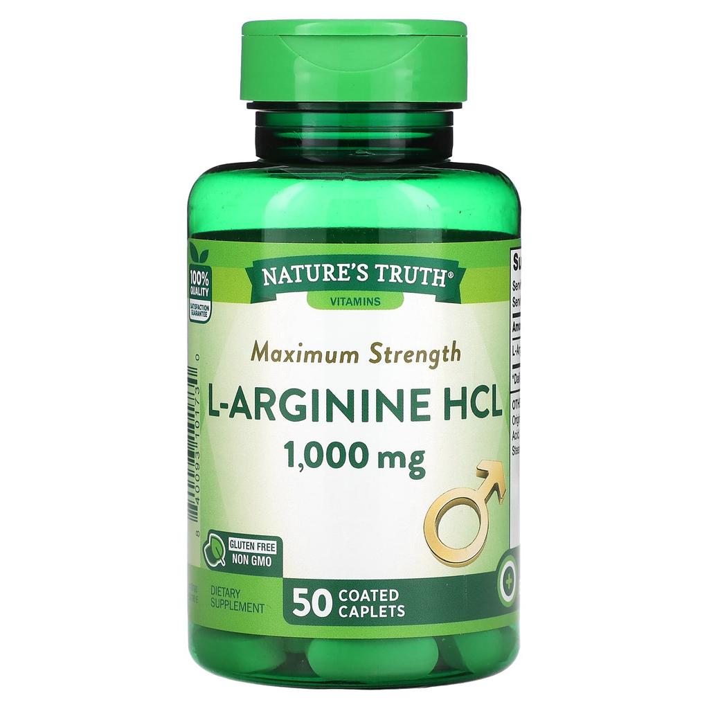 Nature's Truth Vitamins, Maximum Strength L-Arginine Hcl, 1,000Mg, 50 Coated Tablets