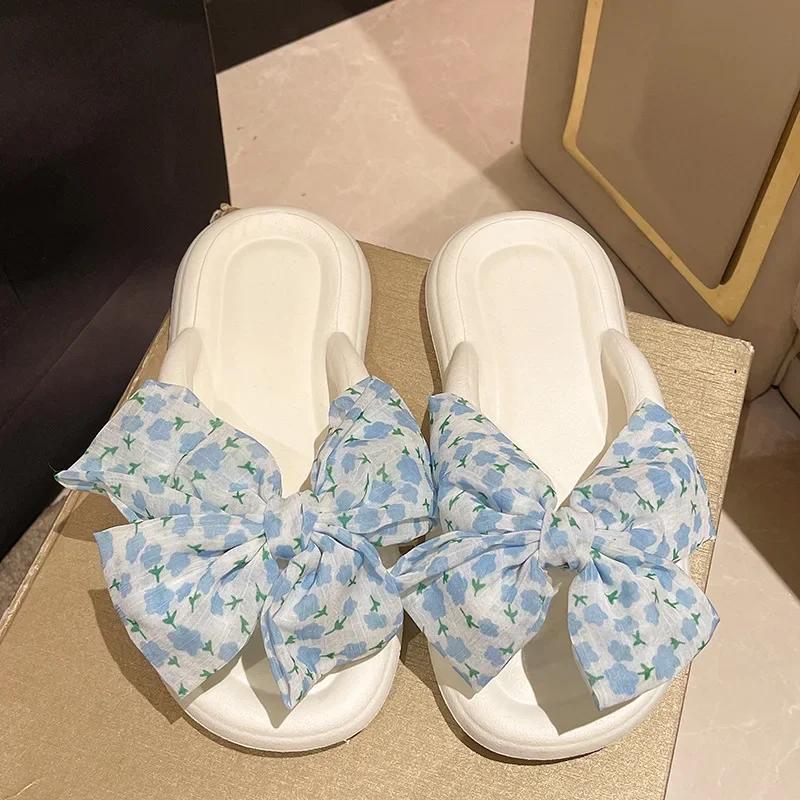 2024 Летние женские шлепанцы EVA с бантами, мягкие нескользящие женские тапочки Cloud, пляжная женская обувь, повседневные тапочки на плоской подошве, шлепанцы