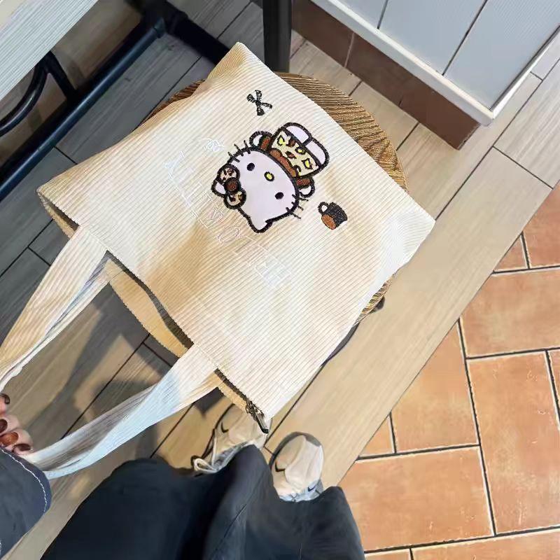 Многоразовые вышитые мультяшные женские сумки Hello Kitty Kawaii Сумка-тоут Сумка Большая вместимость Вельветовые сумки на одно плечо