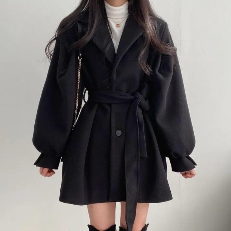 Korean Version of Chic Autumn and Winter Loose Style Coat Women's Woolen Suit Collar Mid-length Woolen Coat Women