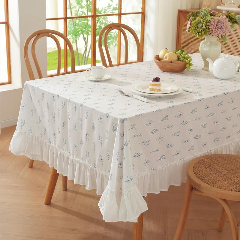 Хлопок С принтом Маленький Свежий Зеленый Растение Цветы Листья Листья Лотоса Кромка Кромка Гриба Бахрома Скатерть для Кофейного Столика Скатерть для Обеденного Стола