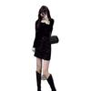 2025 Trendy Xiaoxiang Black Splice Long Sleeve Top & High Waist Sequin Skirt Set