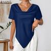 ZANZEA Women Elegant Cowl Neck Short Sleeve Irregular Hem Blouse