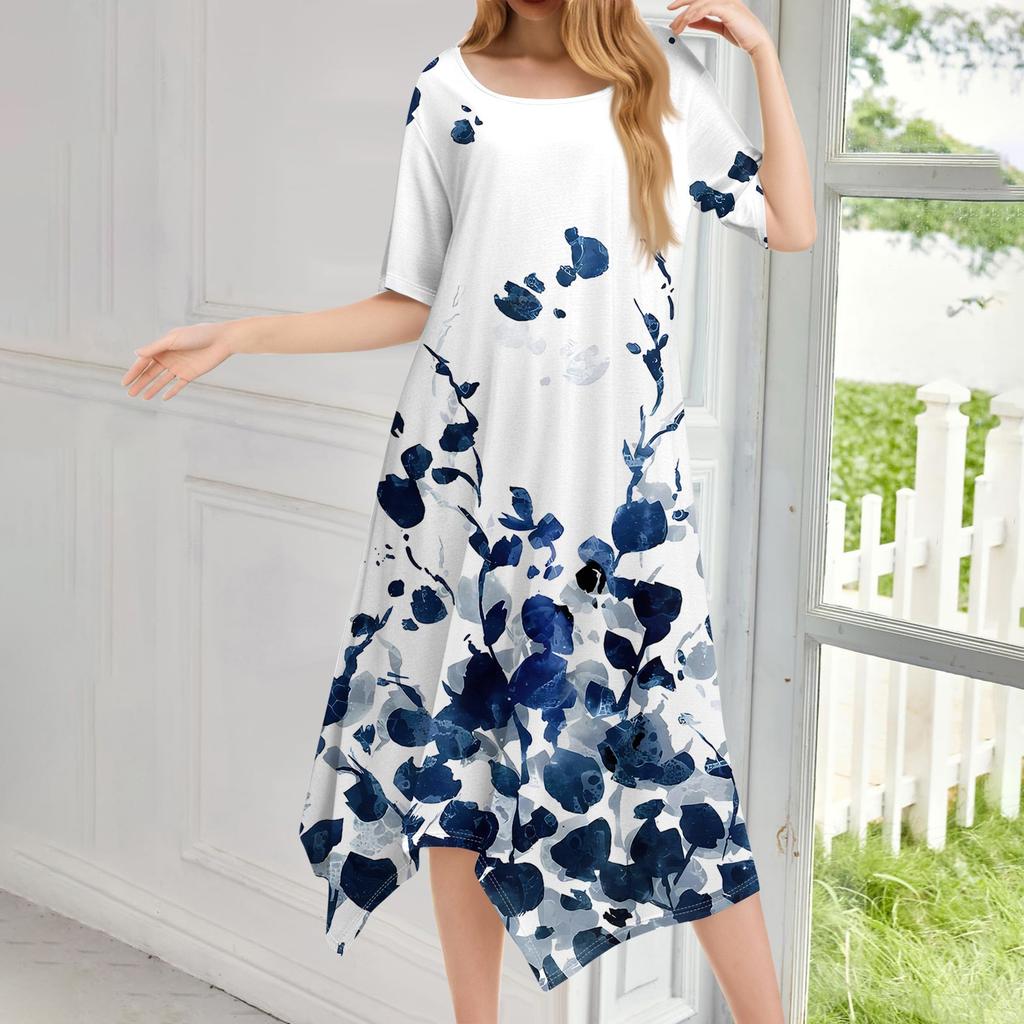 Женское повседневное модное платье миди с круглым вырезом и коротким рукавом с принтом и неровным подолом