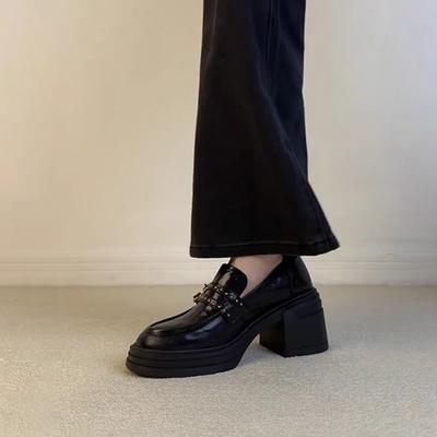 Версия из овчины~ Туфли-лоферы на высоком каблуке, женская пряжка на ремне, натуральная кожа, черные маленькие кожаные туфли, одинарные на водонепроницаемой платформе