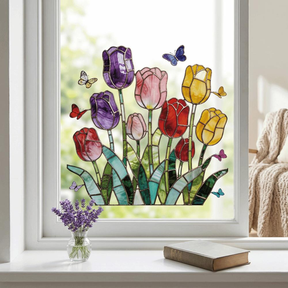 Self-adhesive Tulip Glass Stickers Waterproof Tulip Butterfly Wallpaper Tulip Window Decals  Doors
