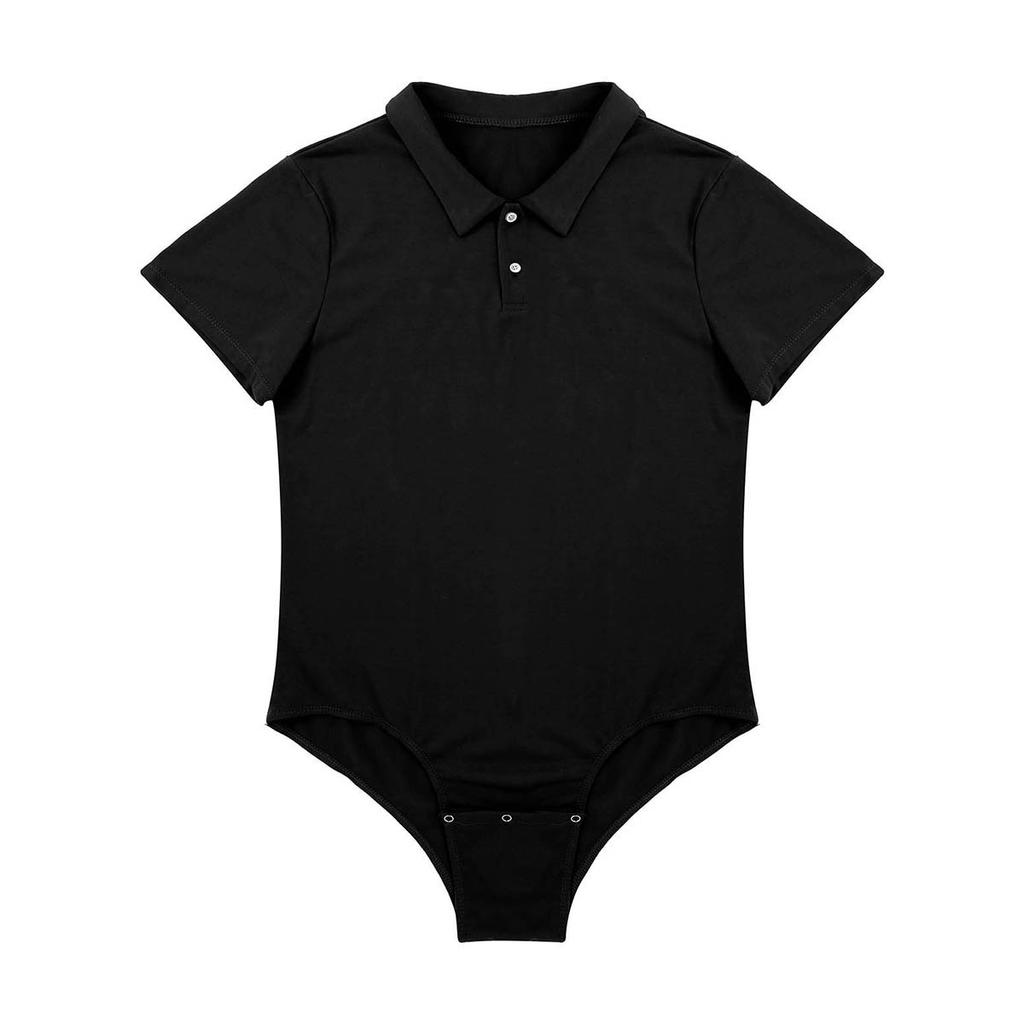 Mens Turn-down Collar Crotch Shirt Bodysuit Romper Tops T-shirt Plus Size
