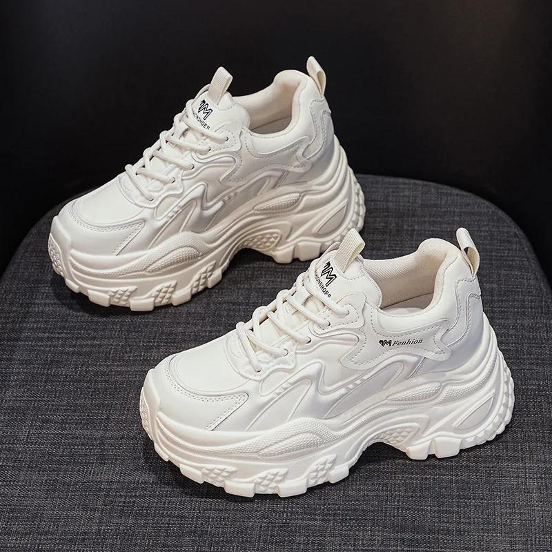 Fashion 9cm Microfiber Synthetic Leather Spring Ankle Booties Moccasins Fashion Shoes Autumn Boots Chunky Sneakers Women Chimney