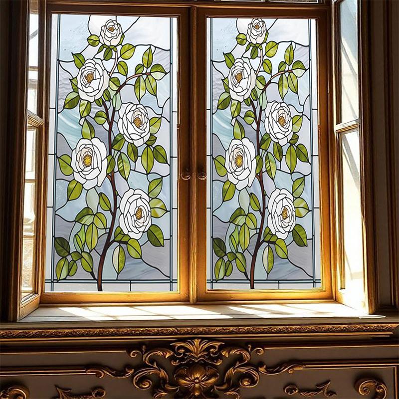 Ретро Розовое Стекло Пленка Статическая Адгезия Самоклеящиеся Витражные Наклейки Цветочное Искусство Живопись Защита Конфиденциальности Оконная Пленка