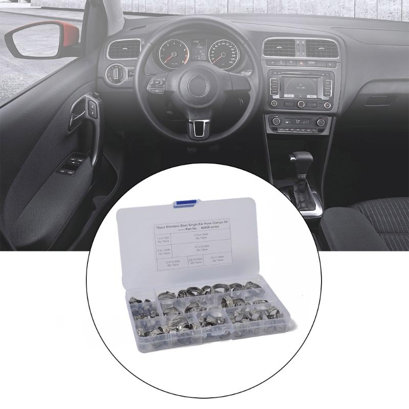 70 шт., 7 размеров, хомуты для шлангов с одним ухом из нержавеющей стали, набор обжимных хомутов, ушные зажимы, кольца, обжимные кольца