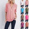 Loose Chiffon Shirt V-neck Zipper Large Size Women's Long Sleeve Can Roll Sleeve Short Sleeve Shirt Summer and Autumn